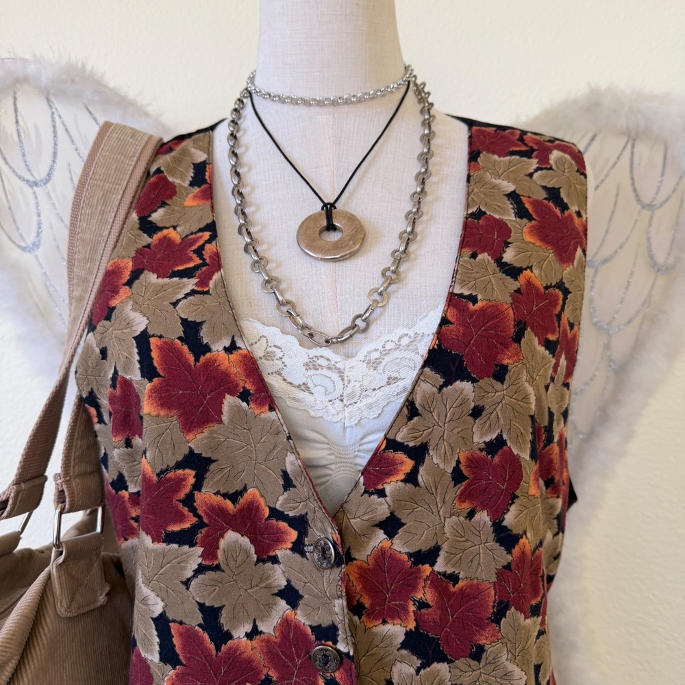 90s Forest Girl Floral Leaf Print Vest Goblincore Retro Teacher Funky Floral - Picture 4 of 9
